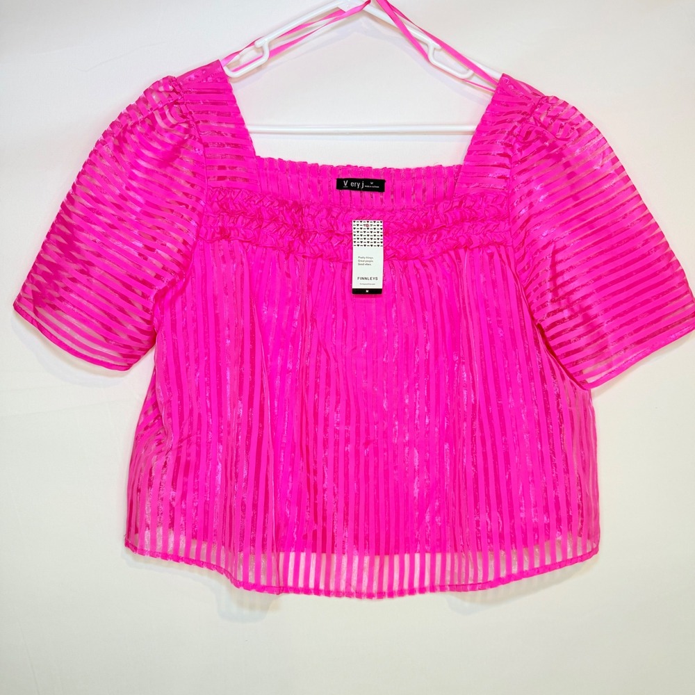 Very J Womens Hot Pink Sheer Shadow Stripe Smocked Square Neck Blouse Medium NWT